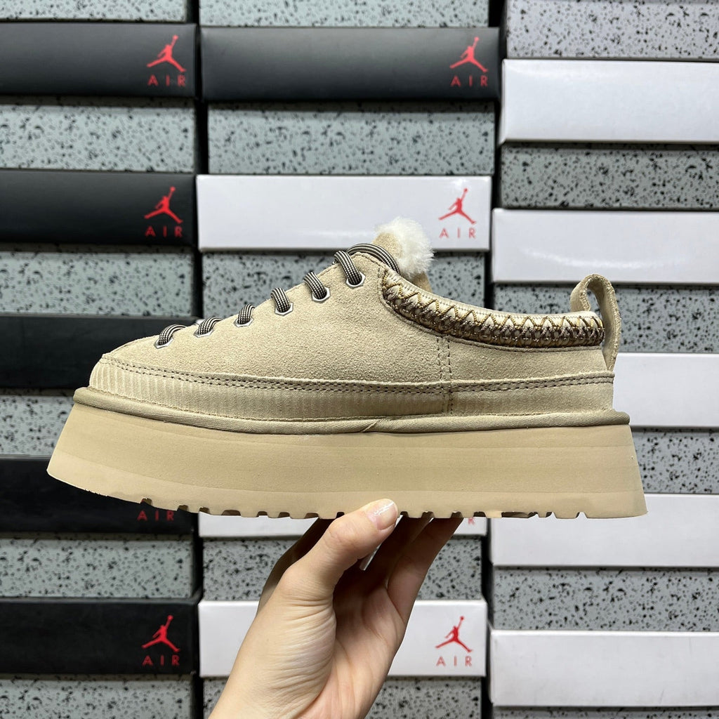 UGG Lowmel Platform Sneaker – Suede Low-Top with Shearling Collar, Braided Trim, Bungee Lace & Chunky Platform Sole in Sand