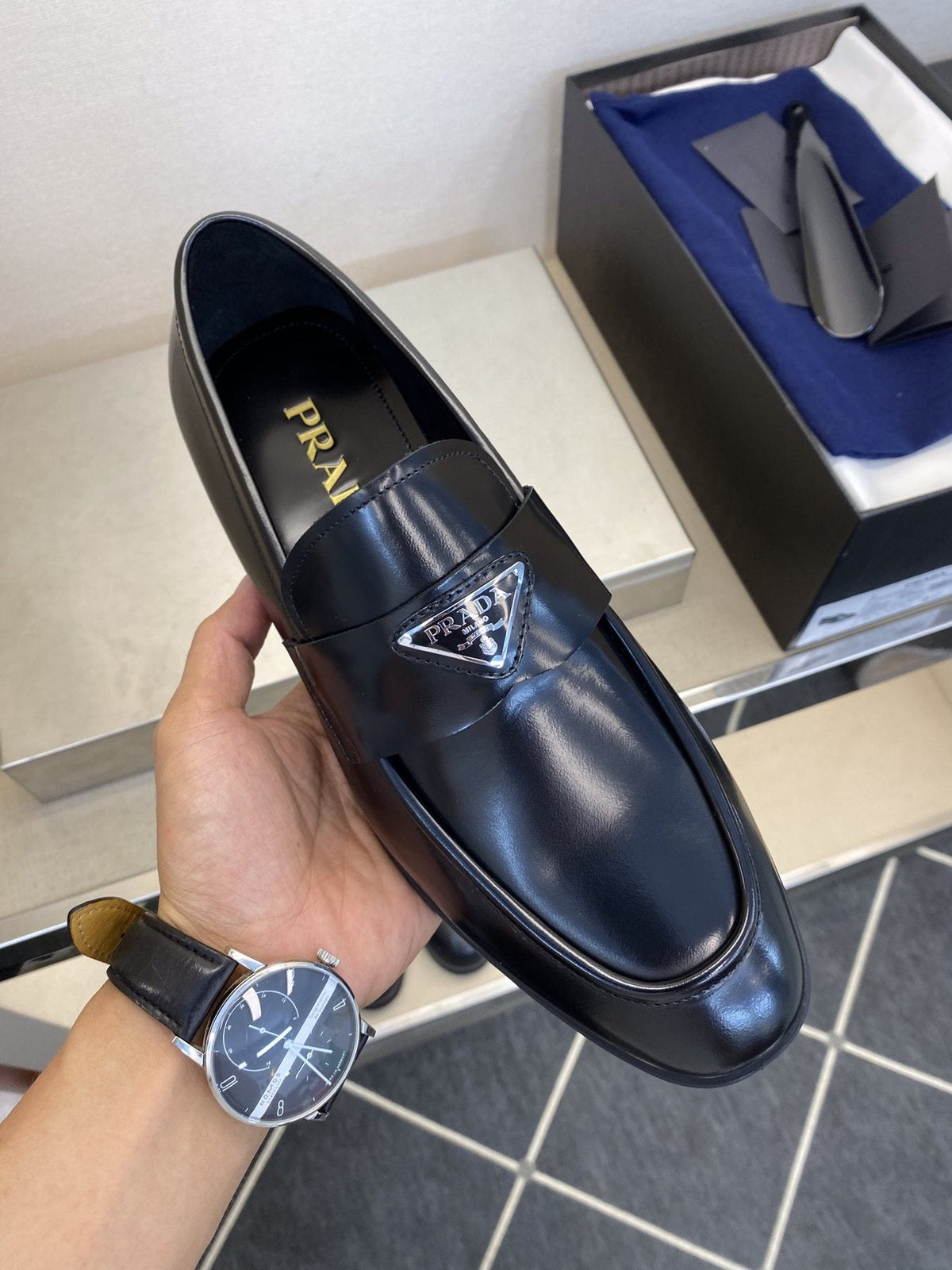 Prada Black Triangle Plaque Loafers