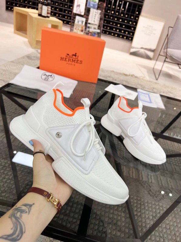 Hermès Men's White Orange Knit Sneakers